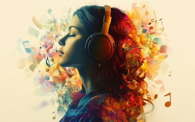Abstract image of a woman with headphones, music notes surrounding her, conveying themes of creativity, music, and artistic expression, with copy space