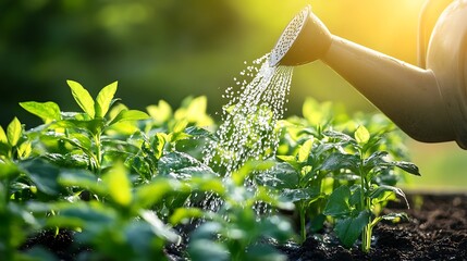 3. A watering can gently pouring water onto vibrant green plants, with sunlight filtering through the leaves