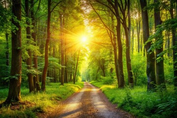 Obraz premium Discover a mystical nature trail, sun-dappled canopy framing your hiking adventure.
