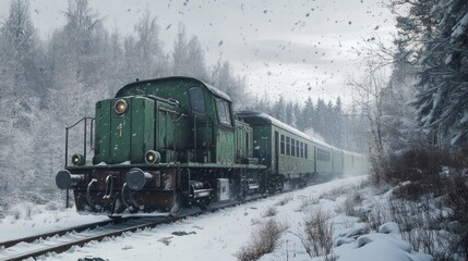 Vintage train in snowy forest.