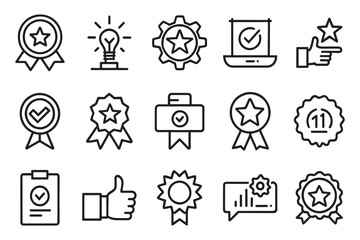 Quality, badge, success related editable stroke outline icons set isolated flat vector illustration on white background