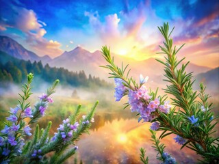 Fototapeta premium Dreamlike rosemary watercolor blooms overlaid with surreal photographic elements create a botanical masterpiece.