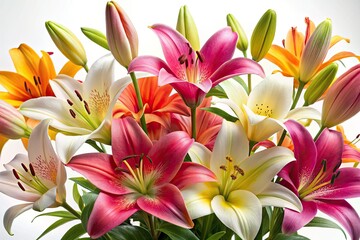Fototapeta premium Elegant white lilies in breathtaking panoramic shots; pure white backgrounds enhance their beauty.