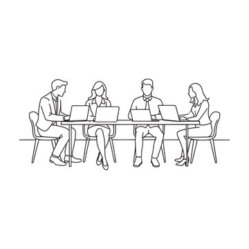 Several people seated at a table, focused on their laptops, fostering teamwork and collaboration in a modern workspace isolated doodle line art flat vector illustration on white background.