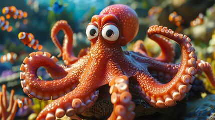 Cute cartoon octopus in ocean.