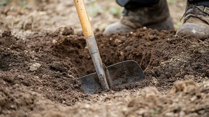 9. A person using a shovel to dig a hole for a young tree sapling, surrounded by fresh soil in an outdoor setting