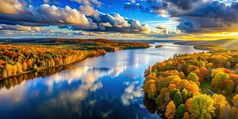 Obraz premium Golden foliage, sapphire waters, and fluffy white cloudscape captured from above in stunning autumn drone footage.