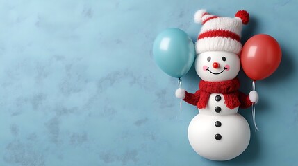 Fototapeta premium Festive Snowman Holding Balloons Against Blue Background