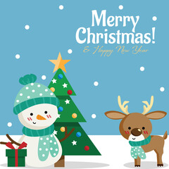 Christmas cartoon of a snowman with gift box, cute reindeer wearing scarf and Christmas tree on snow floor with snow falling on a light blue background. Design for greeting season or party invitation.