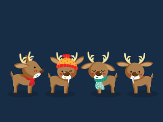 Set of cute reindeer wearing winter clothes on blue background for Christmas holiday season. Cute cartoon character. Design for greeting season or party invitation, for Christmas, New Year