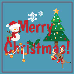 Christmas banner of snowman, reindeer, holly berries, snowflakes and Christmas tree decoration with Merry Christmas text on blue background. Design for greeting season or party invitation.