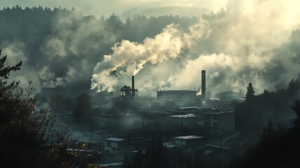 6. A factory emitting thick toxic fumes into the environment, with surrounding buildings partially obscured by the smoke
