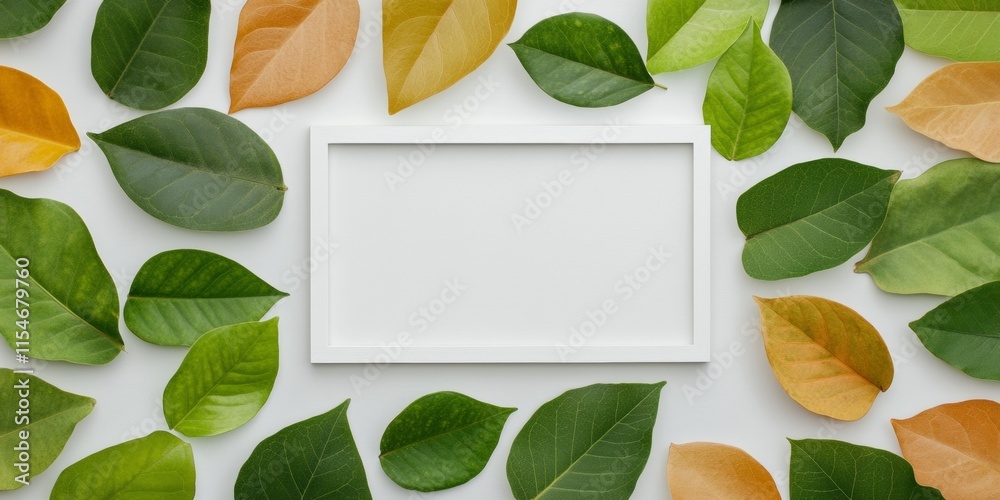 Aufkleber minimalist flat lay with green and autumn leaves in white frame for creative projects