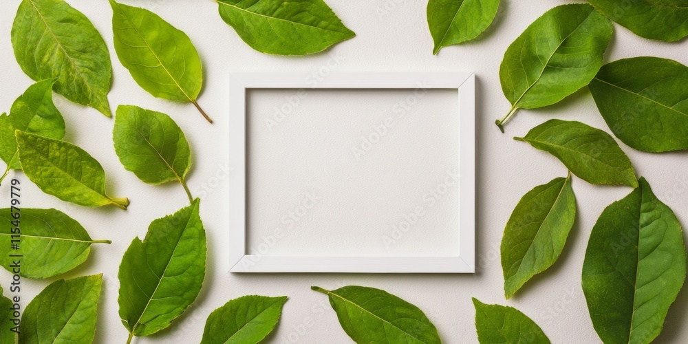 Aufkleber minimalistic leaf arrangement with white frame - flat lay for nature-themed graphics