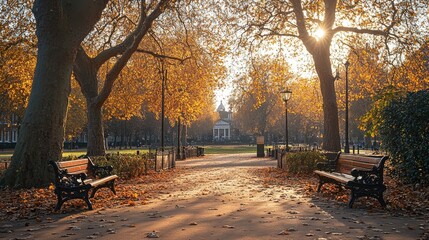 Autumnal Serenity: A Golden Pathway in a London Park
