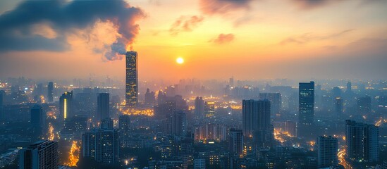 Fototapeta premium Sunrise over Smoggy Cityscape: A Breathtaking Panorama of Urban Dawn