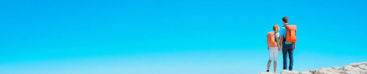 Minimalist Adventure Young Travelers Hiking with Backpacks on Rocky Trail