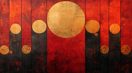 A rich red and orange textured background with layered traditional geometric shapes and circular gold accents