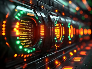 Futuristic server rack with glowing orange and green digital displays.