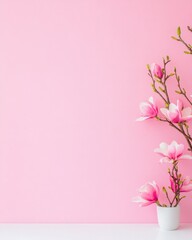 Fototapeta premium Minimalist Pink Magnolia Flowers on Branch - Spring Nature Concept for Backgrounds and Wallpapers