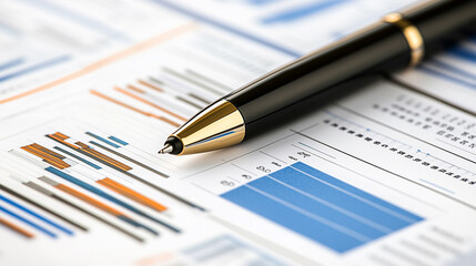 A close-up shot of a pen's tip precisely positioned on a business document displaying various charts, graphs, and financial data, symbolizing analysis, review, and decision-making.