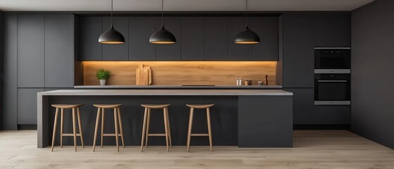 Minimal functional kitchen concept. Modern kitchen with dark cabinetry, wooden accents, and stylish bar stools.