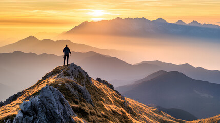 Peak Serenity: Adventurer Standing Amidst Golden Sunrise Over Mountains
