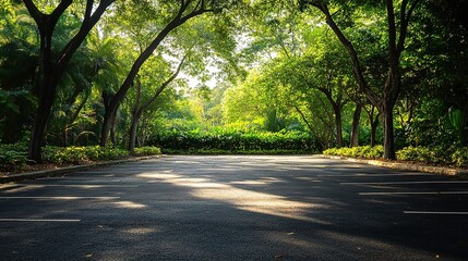 Naklejka premium Peaceful Parking Lot Under Lush Green Trees in Soft Natural Light