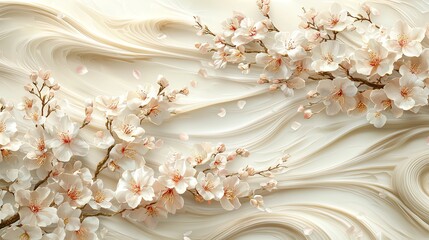 A soft beige and white design adorned with sakura petals and flowing golden textures