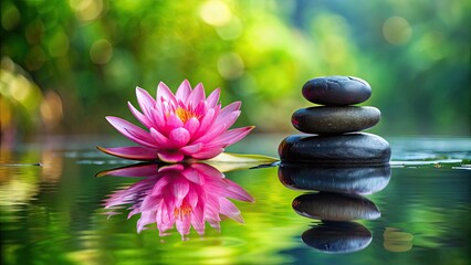 Still water reflects a black stone-adorned lotus, evoking spa serenity and zen calm.