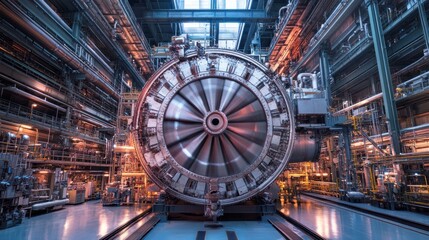 Obraz premium A massive stock cracker drum rotating materials inside a factory, surrounded by complex piping systems