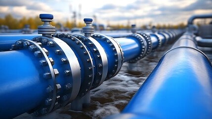 Close-up of blue industrial pipes and valves.