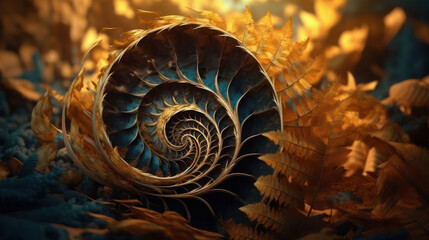 A Vibrant Intricate Spiral Structure Resembling Shell Surrounded By Textured Leaves Background