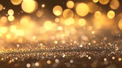 Abstract gold background with blurred bokeh lights, shimmering glitter glow, and a magical luxury...