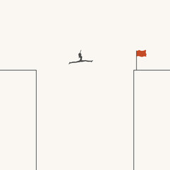 Woman jumping over a gap. Psychology and business concept. Courage to escape for freedom, get out of comfort zone concept. Open mind or fly away for better life, hope and liberty