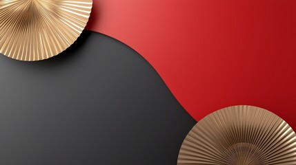 A striking red and black backdrop with bold golden geometric shapes and traditional fan details