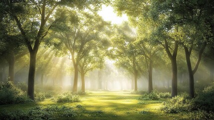 Obraz premium Misty Forest at Dawn with Soft Light Filtering Through Trees