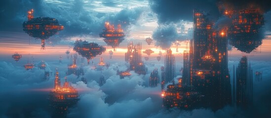 Obraz premium A Futuristic City in the Clouds: A Digital Painting of a Stunning Aerial View of a Cloud City at Sunset