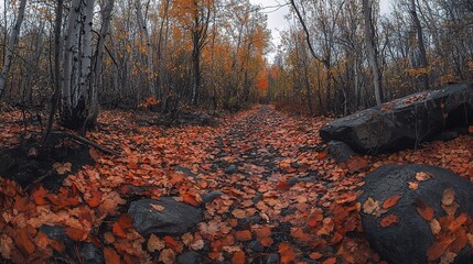 Vibrant Autumn Forest Trail Surrounded by Red and Orange Leaves