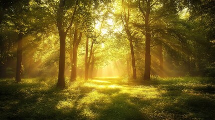 Naklejka premium Misty Forest at Dawn with Soft Light Filtering Through Trees