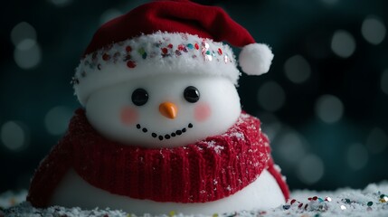 Fototapeta premium Festive Snowman Wearing Red Hat and Scarf