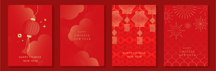 Chinese New Year 2024 card background vector. Year of the dragon design with golden lantern, firework, chinese pattern. Elegant oriental illustration for cover, banner, website, calendar, envelope.