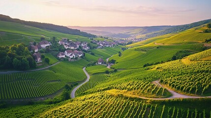 Fototapeta premium Aerial View of Lush Green Vineyards Stretching Across Rolling Hills