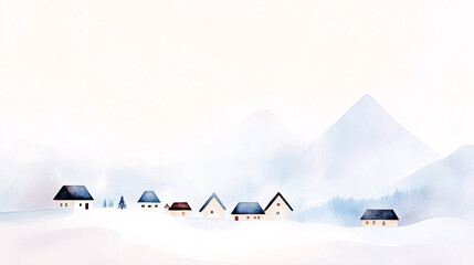 A vibrant January watercolor landscape showcasing a snow-draped village at the base of a frosty mountain. The scene features cozy cottages with soft smoke trails against a wintry palette of whites