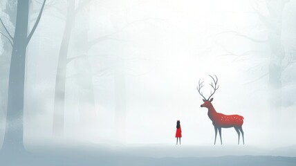 A girl in red meets a majestic deer in a foggy forest.
