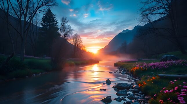 Spring Forest Mountain River in Sunset