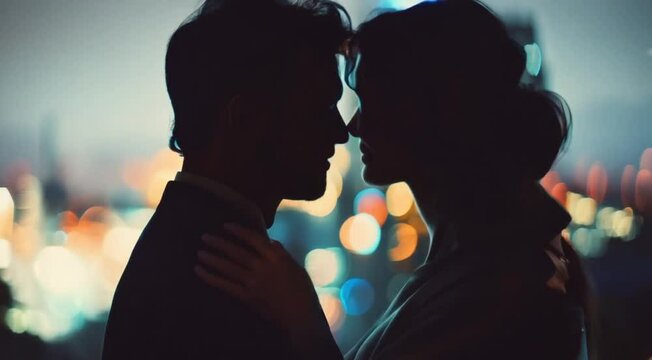 A couple sharing a romantic kiss with a bokeh of twinkling city lights in the background