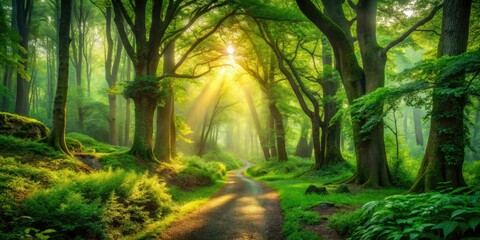 Obraz premium A dark, mystical forest path unwinds, bathed in low light, lush green nature surrounds.
