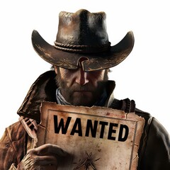 Intense Cowboy with Wanted Poster Against White Background