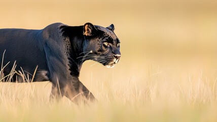 Naklejka premium Black panther walking through tall grass in a natural habitat.